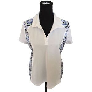 IZOD Golf Womens Short Sleeve White Blue Print Polo Top Large